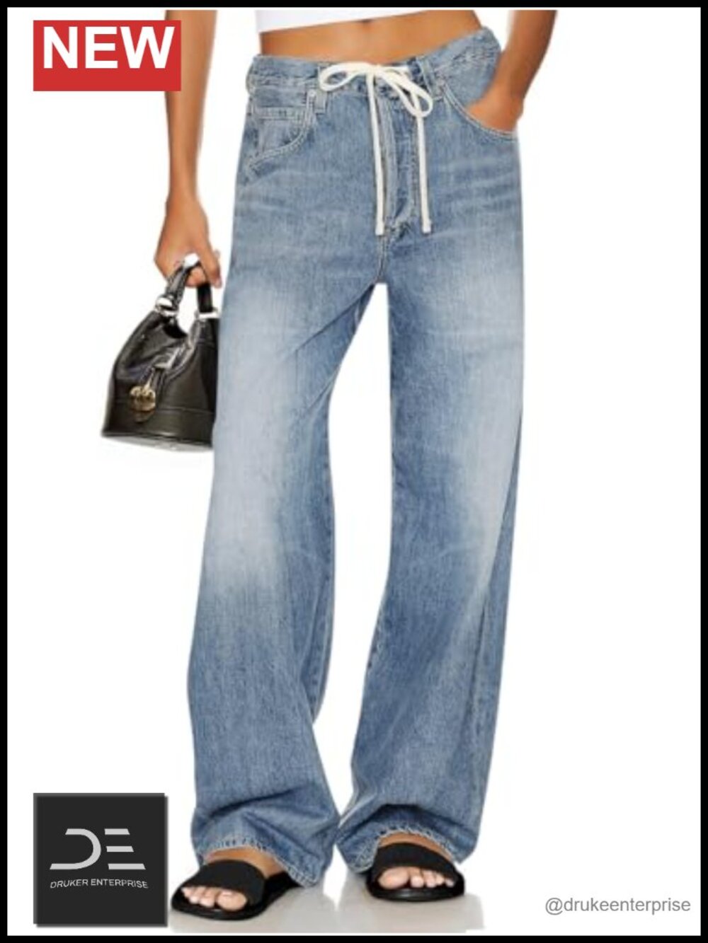 Wide Leg Jeans High Waisted Drawstring Baggy Straight Leg Denim Pants with